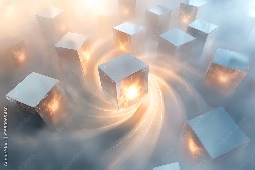 Poster transparent cubes with glowing cores hovering in a misty environment, arranged in a spiral pattern -