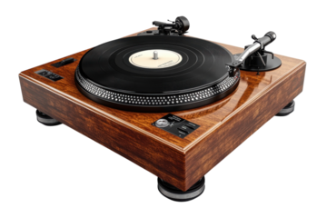 Rediscover vintage vibes A classic wooden turntable spinning a vinyl record delivering rich on transparent background