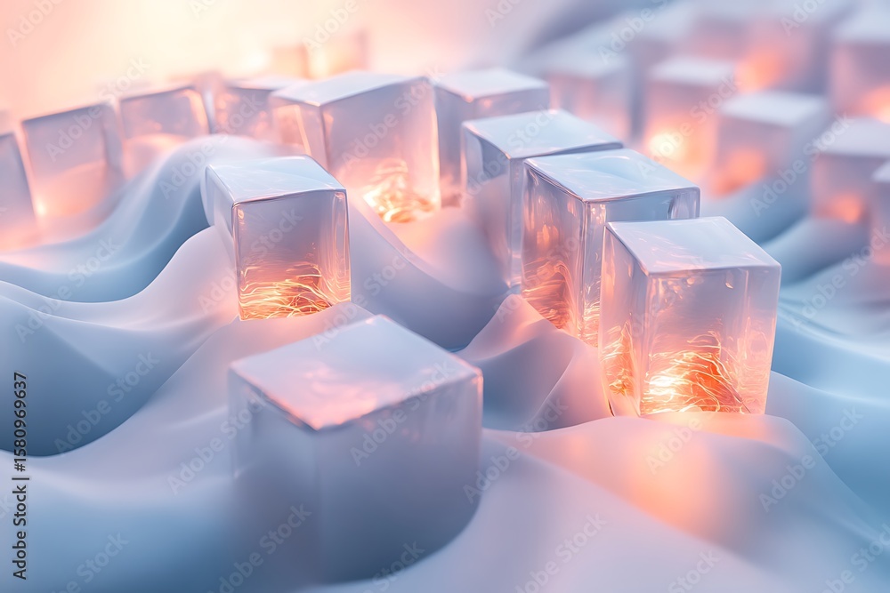 Poster transparent cubes with glowing cores hovering in a misty environment, arranged in a spiral pattern -