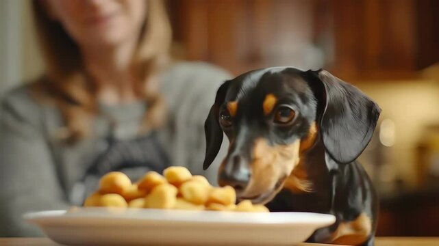 Adorable puppy waits patiently with treats and a blurry woman