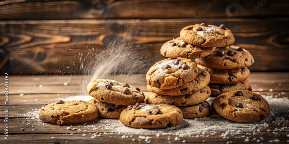 Poster a delicious stack of chocolate chip cookies dusted with powdered sugar on a rustic wooden table