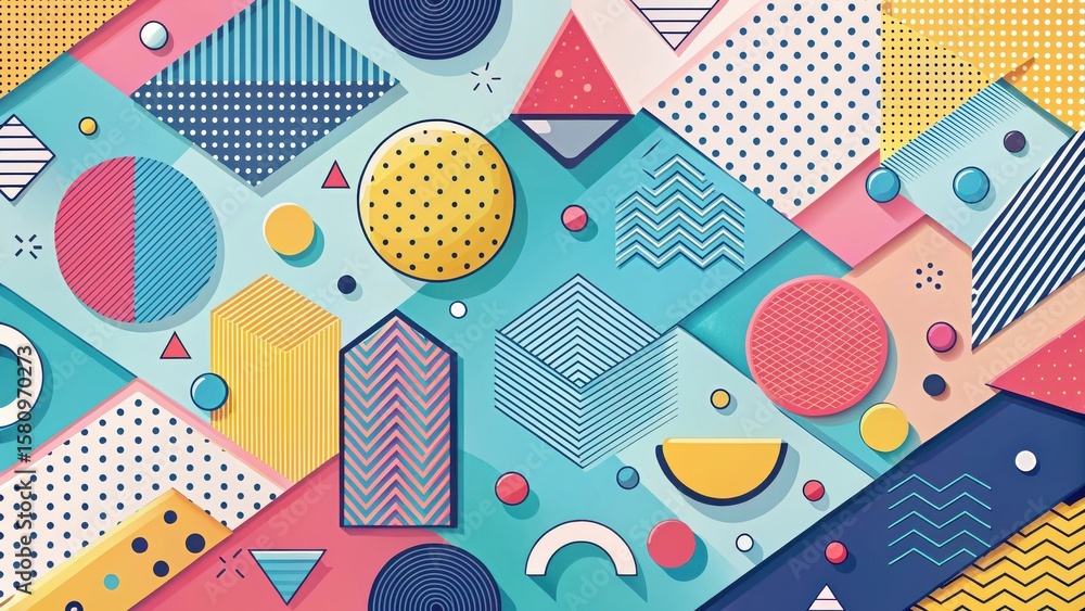 Poster a vibrant composition of geometric shapes, featuring playful patterns and bold colors, creating a dy