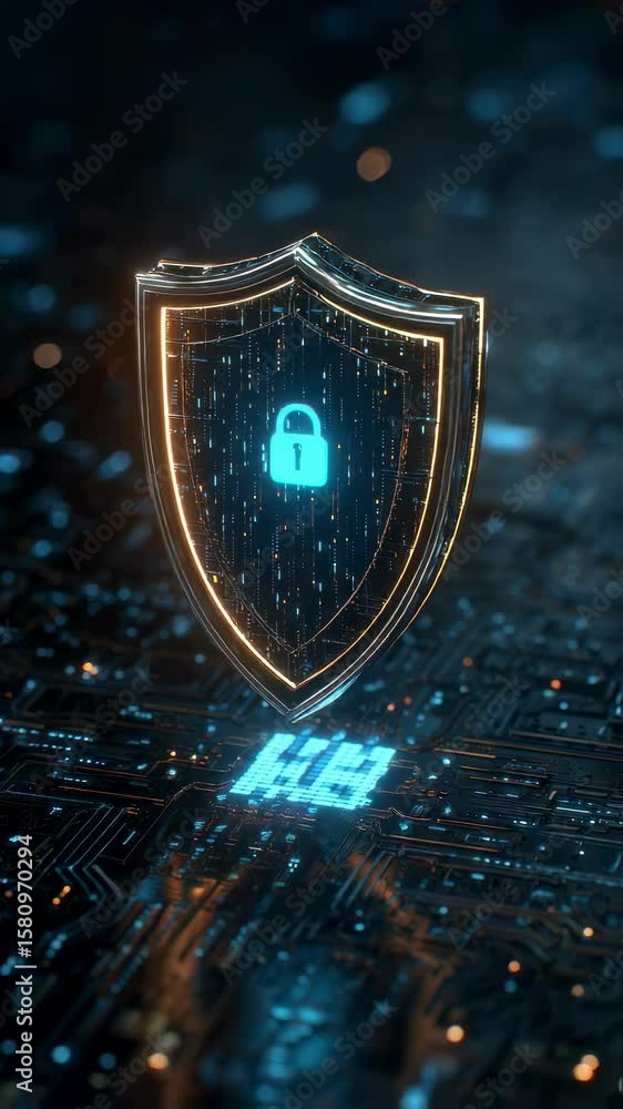 Poster glowing digital shield with padlock icon hovers above complex circuit board, symbolizing robust cybe