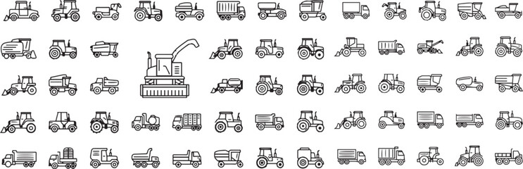 Vehicles and Heavy Machinery Line Icon Set. Vector pictograms of truck, tractor, crane, construction equipment, excavator, loader, industrial vehicles, thin linear illustration