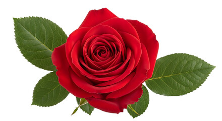 Illustration of a beautiful red rose with green leaves isolated on transparent background, symbolizing love and romance