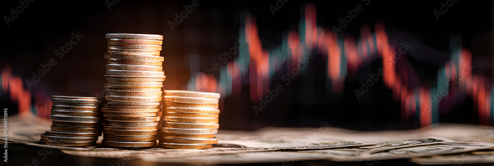 Poster stack of money with chart and rising curve and price charts as a symbol for an investment in the sto