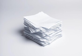 A messy stack of white printer paper sits alone on a plain background,  messy,  information