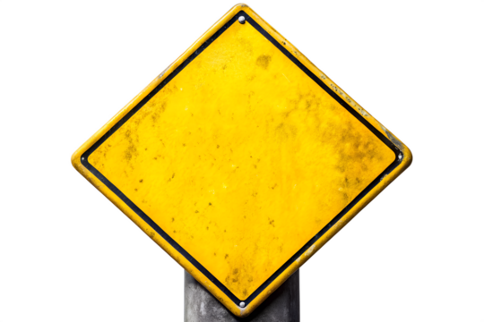 A weathered yellow diamond warning sign isolated on transparent background