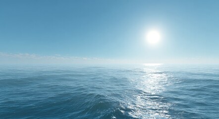Vast blue ocean with bright sun, calm reflective water, horizon symbolizing hope and serene warmth.