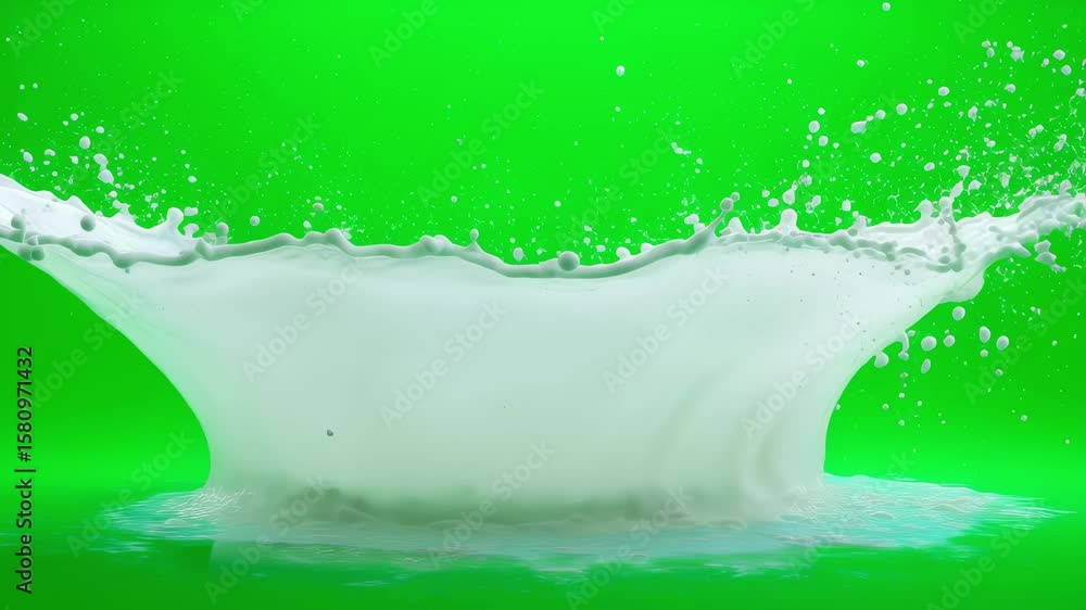 Poster a captivating 4k video displays a vigorous milk splash with the liquid arcing gracefully in various 