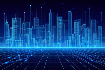 Fototapeta premium Neon blue digital city skyline with glowing grid image