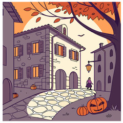 Charming italian village street scene at dusk with carved pumpkins and autumn leaves evoking a festive halloween atmosphere