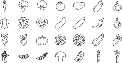 Collection of black and white line art vegetable icons