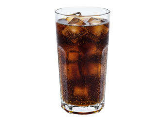 A tall, clear highball glass filled with a dark brown effervescent carbonated beverage, delicate bubbles, crystal-clear ice cubes, and glistening condensation, on a transparent seamless studio