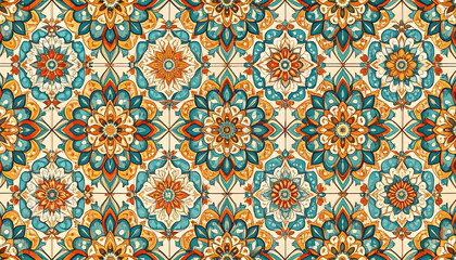 Ornate floral tile pattern with teal, orange, and cream hues, creating a vintage aesthetic.