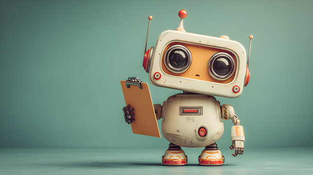 A cute retro-style robot with large eyes holding a clipboard, standing against a teal background. The robot looks curious, as if ready to take notes or ask questions.

