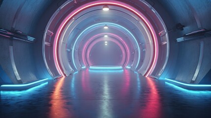 Vibrant photo of blue and pink spaceship interior with glowing neon lights podium on the floor. Futuristic corridor in space station with circles background. 3d rendering.