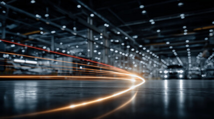 Dynamic Factory: A captivating shot capturing the essence of a modern factory floor, with streaks of light symbolizing productivity and motion.