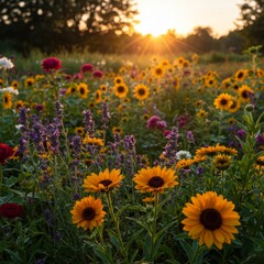 Obraz premium Vibrant Sunflower Field at Sunset