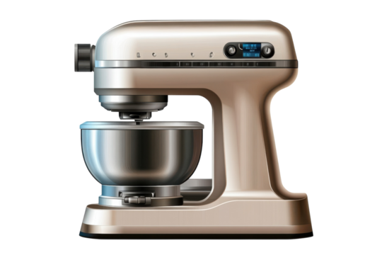 Elegantly crafted sand gold stand mixer with digital display ready to conquer your baking on transparent background