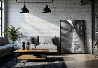 Modern Industrial Interior Mockup with Blank Canvas Frame in Sunlit Living Room