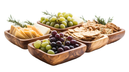 Elegant cheese and fruit platter with crackers and grapes in wooden bowls