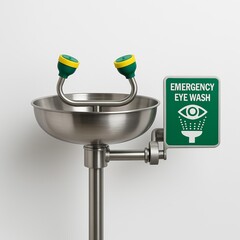 Stainless steel emergency eye wash station with green signage safety eyewash
