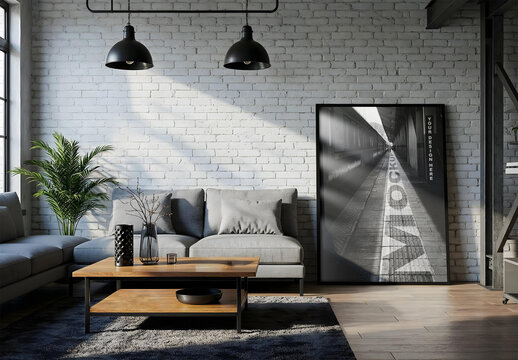 Modern Industrial Interior Mockup with Blank Canvas Frame in Sunlit Living Room