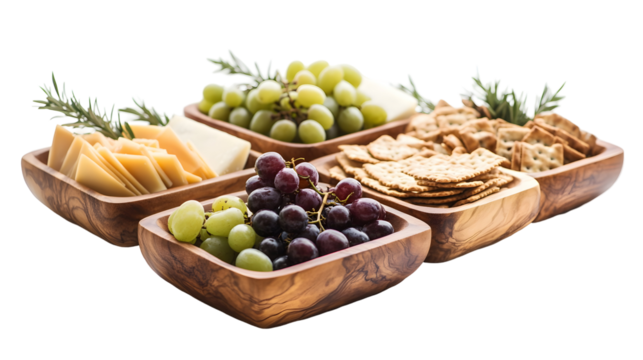 Elegant cheese and fruit platter with crackers and grapes in wooden bowls