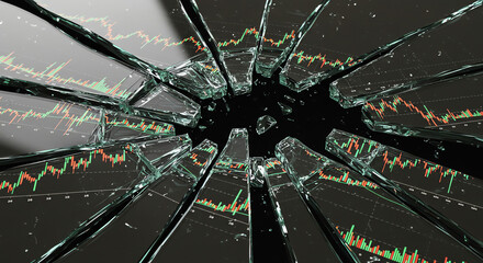 Shattered glass with financial graphs on background