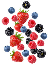Vibrant crimson strawberries, deep red raspberries, indigo blueberries, and purplish-black blackberries in dynamic freefall against a transparent background, ultra photorealistic commercial studio