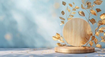 Minimal podium with light blue gold, wood leaves under soft light, product backdrop