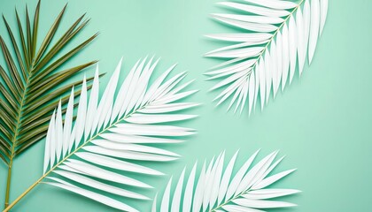 Obraz premium White palm leaves arranged on a mint green background, summer flat lay, copy space, style, mint green