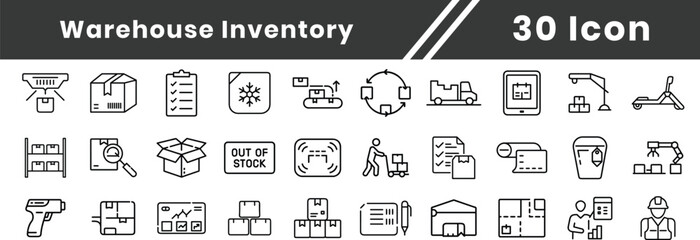 Warehouse Logistics Icons. Outline icon set of warehouse inventory essentials. freight, proof, pallet, barcode scanner, forklift, pallet jack,