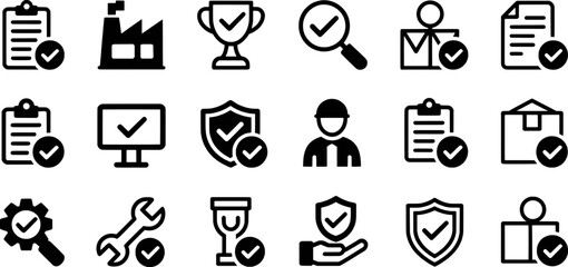Fototapeta premium Approved checklist factory trophy magnifying glass document person package shield gear wrench