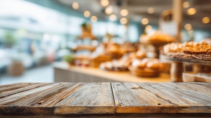 A 4K photo of empty brown wooden table with blurred background in coffee and bakery shop concept.