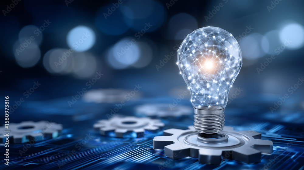 Poster abstract illustration of shining bulb floating above layered gears, blue tech background filled with