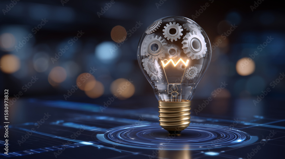 Poster illuminated bulb radiates warm golden light, surrounded by rotating metallic gears in motion, futuri
