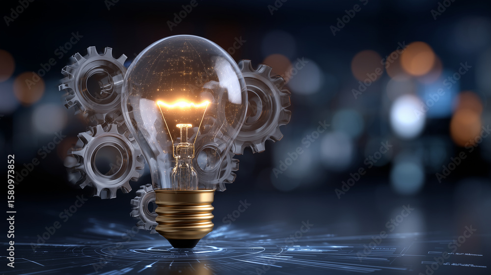 Poster illuminated bulb radiates warm golden light, surrounded by rotating metallic gears in motion, futuri
