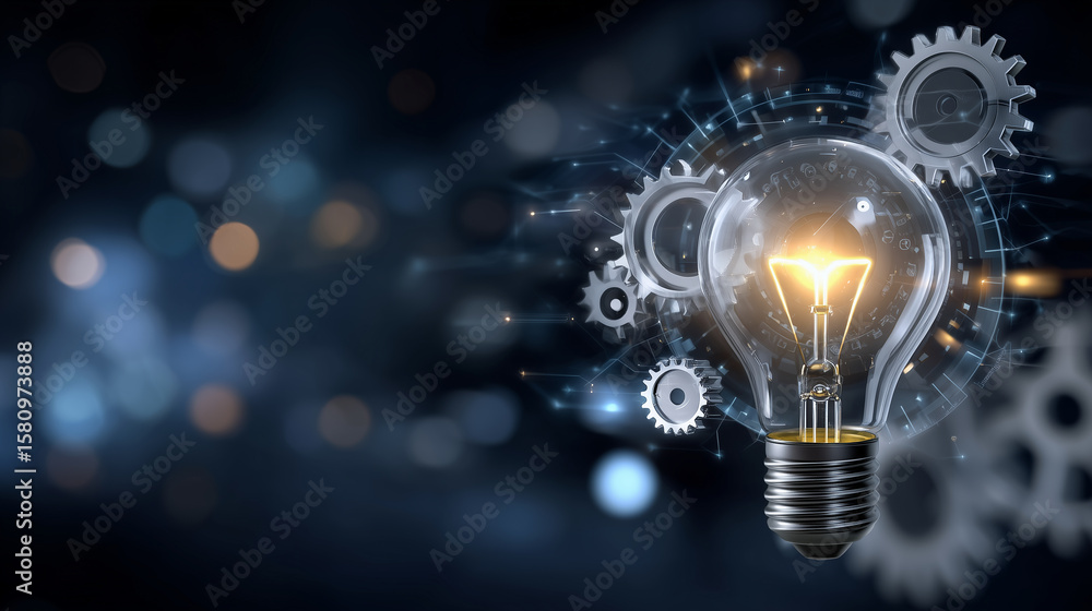 Poster illuminated bulb radiates warm golden light, surrounded by rotating metallic gears in motion, futuri