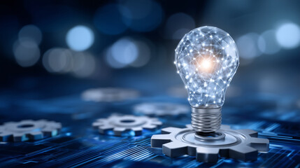 Abstract illustration of shining bulb floating above layered gears, blue tech background filled with glowing circuit patterns, symbolizing digital innovation and smart engineering