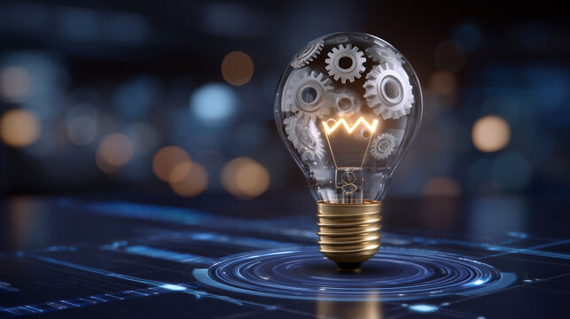 Illuminated bulb radiates warm golden light, surrounded by rotating metallic gears in motion, futuristic backdrop with digital interface overlay, visualizing concept of inventive s