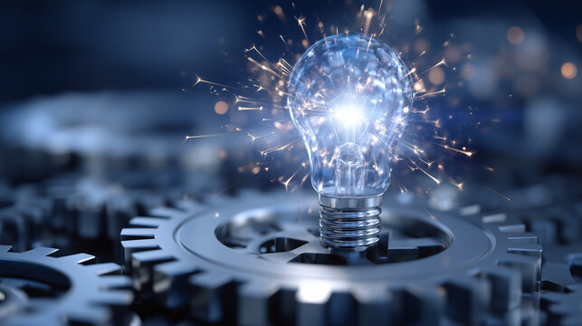 Lightbulb glowing intensely in the center of mechanical gearwork, sparks of light radiating outward, visual metaphor for breakthrough business innovation and productivity