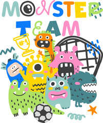 Obraz premium Print with monsters and soccer. Cute colorful monsters on dark backgrounds. Pattern for stationary, wear, kids, pajamas and other things.