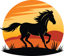 Wild mustang (horse) running in open plains, silhouette
