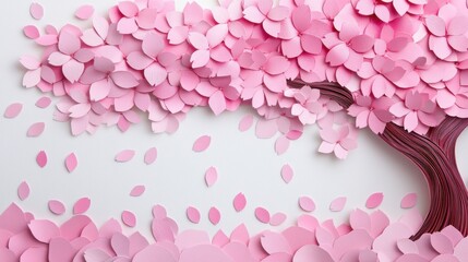 3D paper cherry blossom tree with pink petals in full bloom on white background