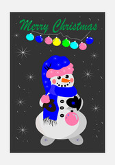 Сhristmas card with snowman.Festive Snowman Christmas Card with Decorative Ornaments and Sparkling Snowflakes .Vector  illustration.The design is suitable for postcards, covers, posters, stickers