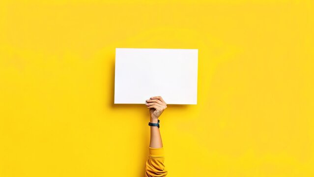 Bright yellow background featuring a hand holding a blank placard for standout messages