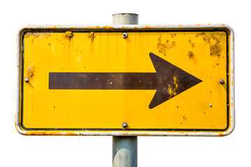 A rusty yellow directional sign with an arrow pointing right isolated on transparent background