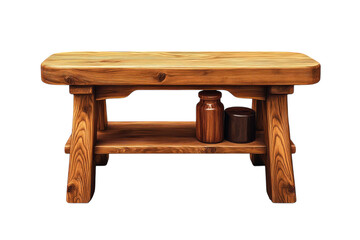 An inviting wooden bench offers simple comfort and rustic beauty holding small vintage jars on transparent background